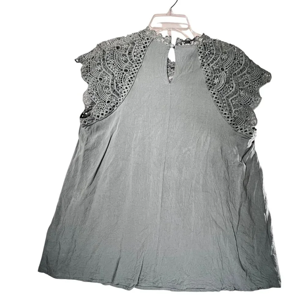FSL Apparel Green Crochet Lace Yoke Sleeveless Tunic Blouse Top Button Closure - Picture 4 of 12